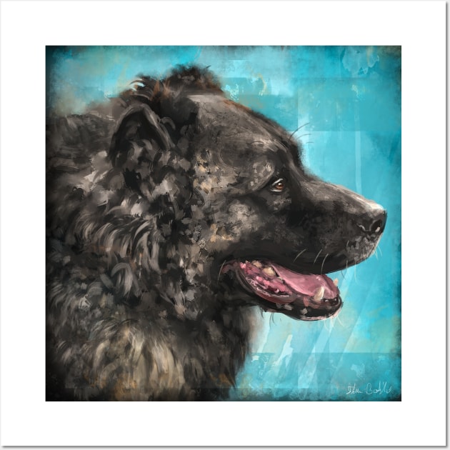 Painting of a Russian Bear Dog on Blue Background Wall Art by ibadishi